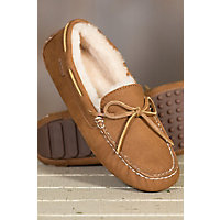 Women's Overland Eleanor Shearling-Lined Suede Moccasin Slippers, CHESTNUT NUBUCK
