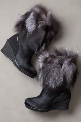 Women's Angelina Shearling-Lined Calfskin Boots with Fox Fur Trim, BLACK/SILVER