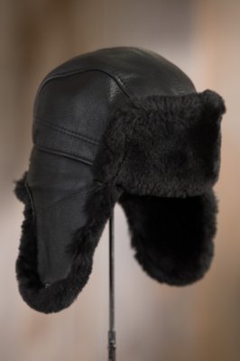 Shearling Sheepskin Trapper Hat, BLACK TONE ON TONE