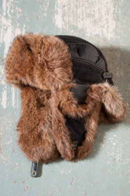 Leather and Nylon Aviator Hat with Rabbit Fur Trim 