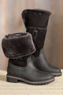 Women's Bos & Co Hillory Lux (Overland Edition) Wool-Lined Waterproof Leather Boots with Shearling Collar, BLACK/BLACK BRIESA