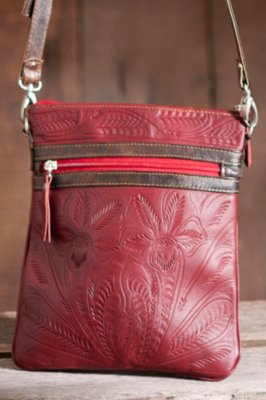 Women's Slim Hand-Tooled Leather Crossbody Organizer Handbag