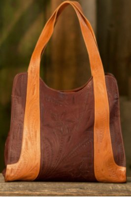 Women's Wide Handled Hand-Tooled Leather Tote Bag