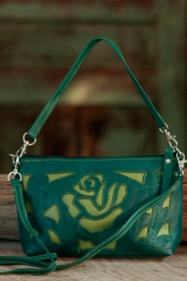 Women's Hand-Tooled Leather Rose Cosmetic Bag