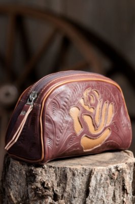 Women's Hand-Tooled Leather Makeup Rose Bag