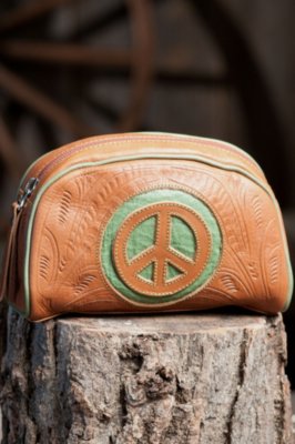 Women's Hand Tooled Leather Makeup Peace Bag