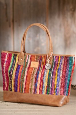 Indian Silk Rag Rug and Leather Utility Tote