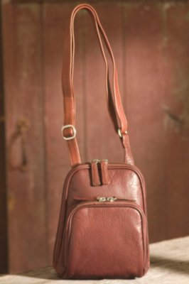 Twin Top Zip Leather Organizer Handbag