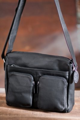 Dual-Pocket Zip Leather Messenger Bag