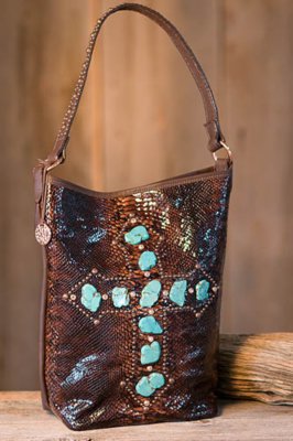 Women's Leather Tote with Turquoise Cross Nuggets