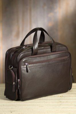 Multi-Zip Leather Laptop Briefcase, MOCHA, Size 1 SIZE