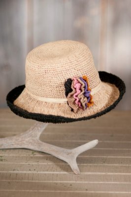 Women's Crocheted Raffia Cloche Hat with Rosettes