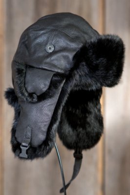 Lambskin Leather Trapper Hat with Rabbit Fur Trim, BLACK