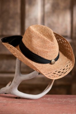 Women’s Crocheted Western Raffia Hat with Chiffon Band