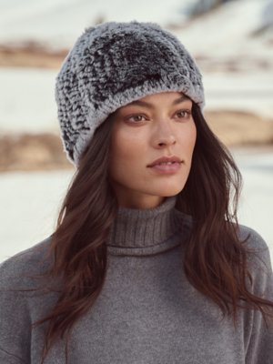 Women's Knitted Rex Rabbit Fur Hat, BLACK SNOWTOP, Size 1 SIZE