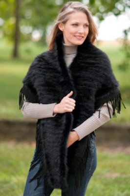 Women’s Knitted Mink Fur Shawl with Leather Trim