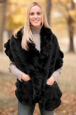Women’s Ruffled Rabbit Fur Stole with Pockets