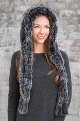 Overland Hooded Rabbit scarf   Scarf Fur hooded  Mittens with Knitted Rex fur