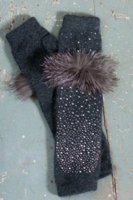 Women's Fingerless Gloves with Sparkles and Fox Fur Trim
