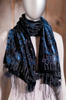 Silk Velvet Scarf with Mink Fur Poms