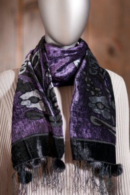 Silk Velvet Rose Scarf with Mink Fur Poms 