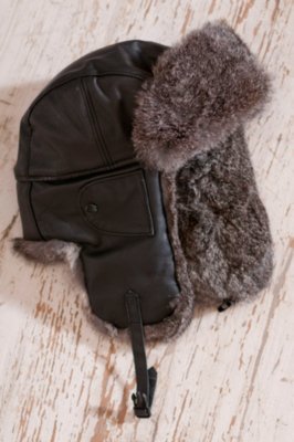Leather Aviator Hat with Rabbit Fur Trim
