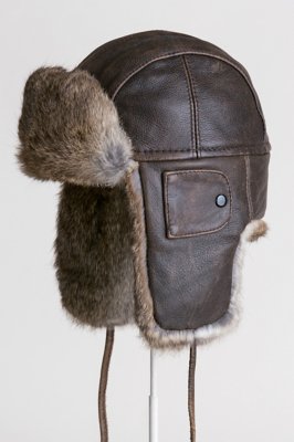 Vintage Leather Aviator Hat with Rabbit Fur Trim