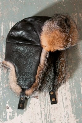 Long Leather Aviator Hat with Grey Fox Fur Trim