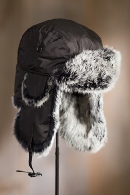 Down-Filled Trapper Hat with Rabbit Fur Trim, BLACK/NATURAL SNOWTOP