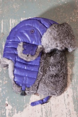 Quilted Nylon Aviator Hat with Rabbit Fur Trim