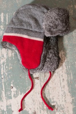 Striped Lambswool Aviator Hat with Rabbit Fur Trim