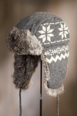 Snowflake Wool Trapper Hat with Rabbit Fur Lining, GREY/GREY