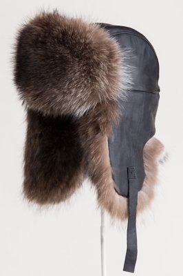 Canadian Lambskin Leather Trapper Hat with Raccoon Fur Trim, BLACK/NATURAL