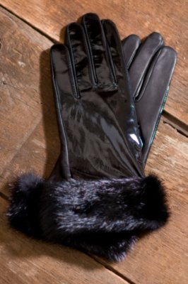Women's Patent Leather Gloves with Mink Trim
