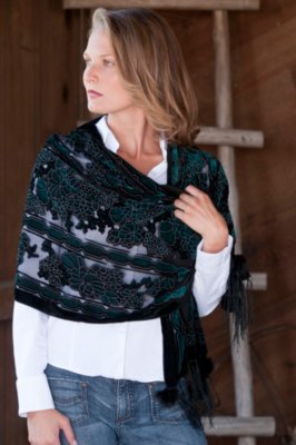 Women's Burnout Velvet Scarf with Mink Pom-Poms