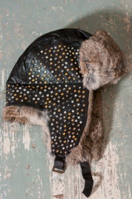 Women's Studded Leather Aviator Hat with Rabbit Fur Trim, BLACK/NATURAL, Size 1 Size