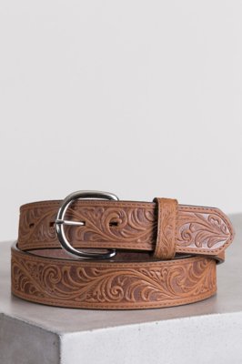 Western Scroll Leather Belt, BROWN
