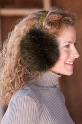 Women's Fox Fur Earmuffs with Turtle Print Leather Band