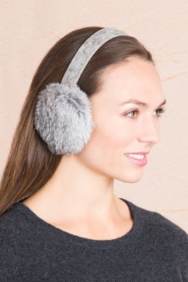 Women’s Rabbit Fur Earmuffs with Oak Print Leather Band 