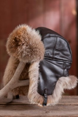 Leather Trapper Hat with Fox Fur Trim, BROWN/RED, Size LARGE