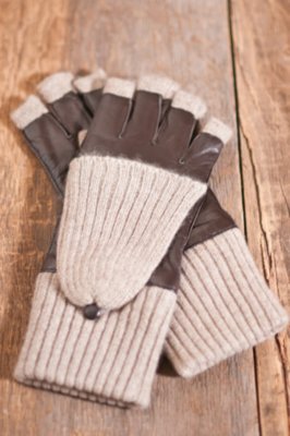 Women's Leather and Cashmere Fingerless Gloves with Mitten Flap