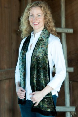 Women's Silk Velvet Long Scarf in Green Round & Round