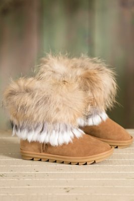 Women's Overland Nova Sheepskin Boots with Raccoon Fur Trim and Rabbit Fur Fringe, CHESTNUT/GREY & WHITE