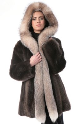 Women's Jade Longhaired Beaver Fur Coat with Fox Fur Trim