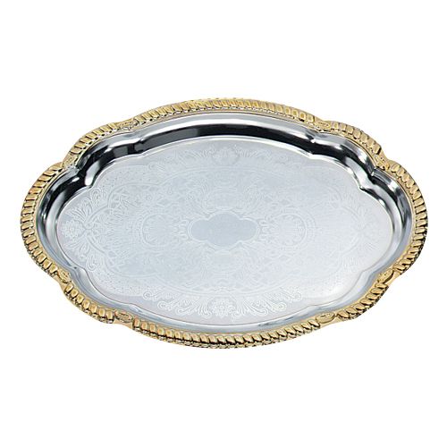 Odyssey Oval Mirror Finish Chrome Plated Gold Trim Serving Tray