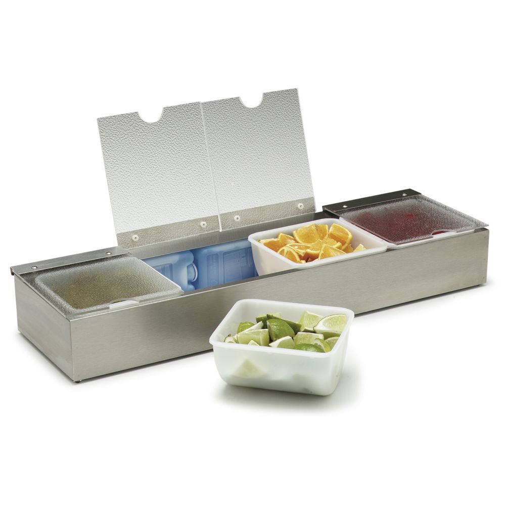 Carlisle S/S Condiment Caddy w/ 4 Notched Lids and 4 Ice Packs, 4 Qt