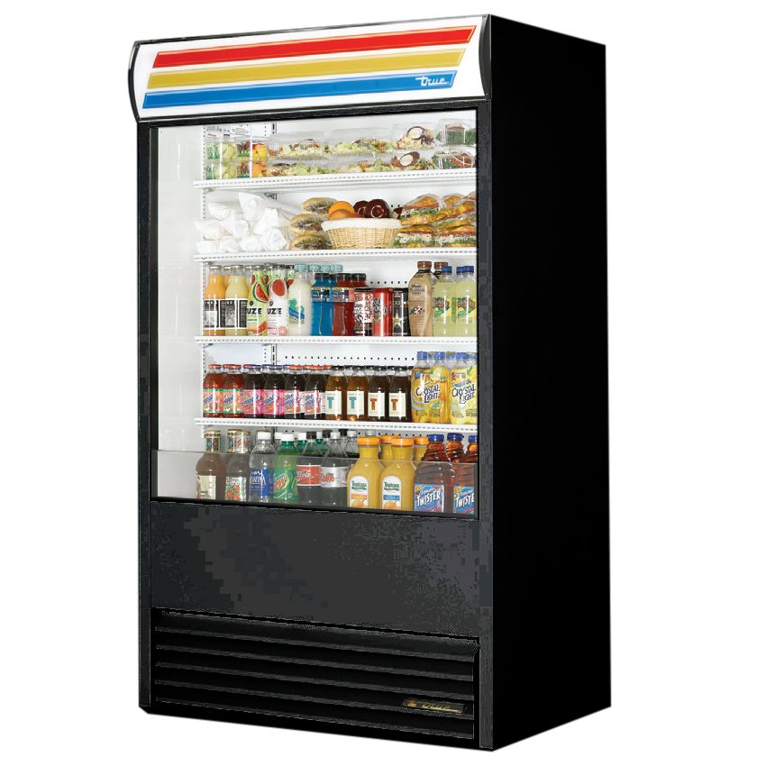 True&reg; Vertical Air Curtain Merchandiser w/ Silver Sandwich Sign