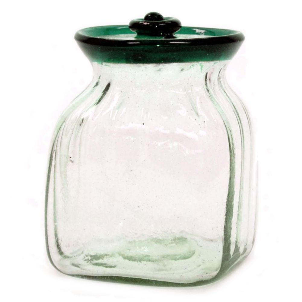 Small Green Blue Rim Glass Canister, 6" H