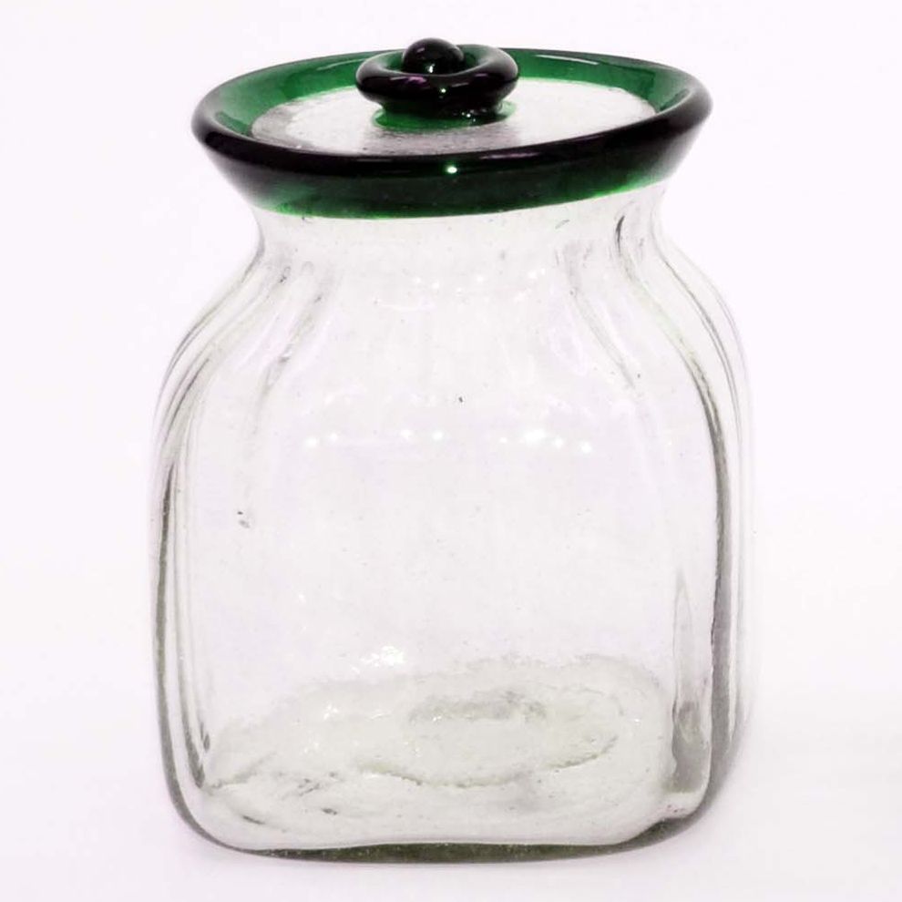 Small Green Blue Rim Glass Canister, 6" H