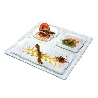 Square Glass Plate, 3 Compartment, Ocean Clear, 2" x 12"